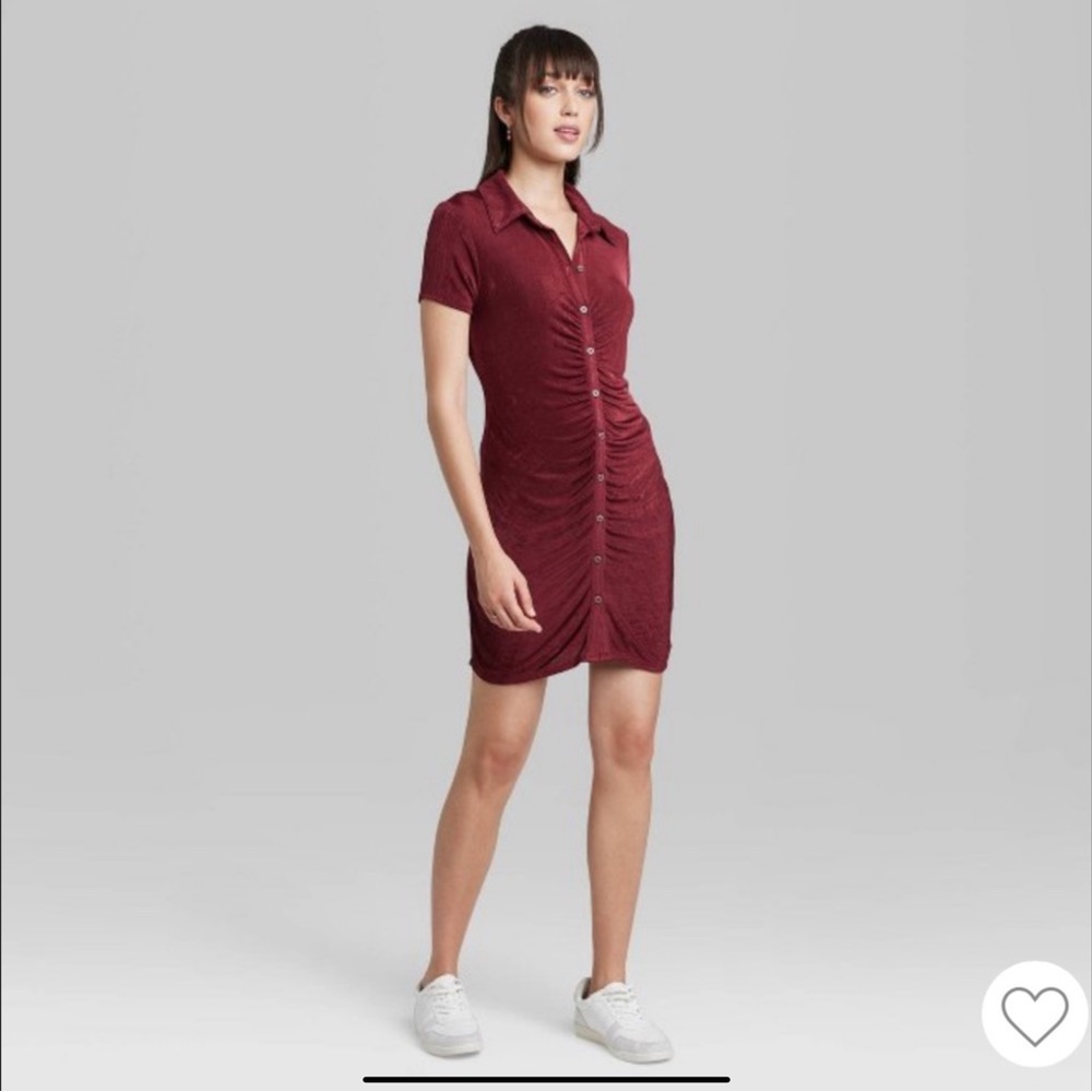 Wild Fable  Women Berry Red Short Sleeve Button Front Bodycon Dress